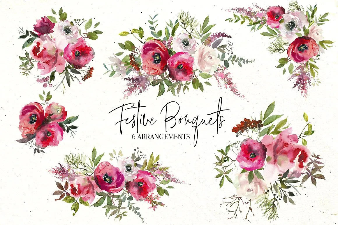 节日水彩花卉花束插画 Festive Bouquets Watercolor Flowers插图(2)