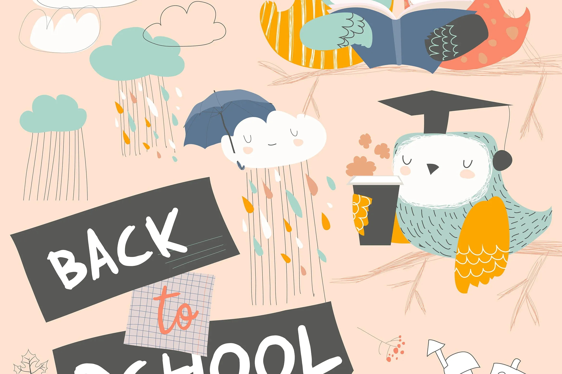 可爱手绘卡通猫头鹰矢量插画素材 Cute owls sitting on branch with books. Back to sc插图