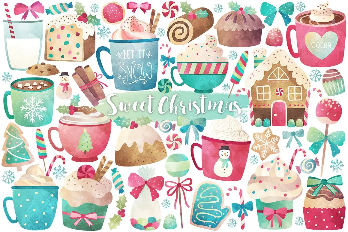 水彩画圣诞树amp;糖果插画元素 Watercolor Christmas Treatsamp; Sweets