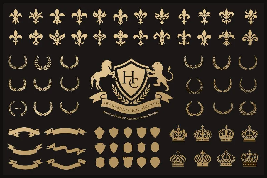 奢侈花边纹章徽标设计组成套件 Heraldic Crest Logos elements set