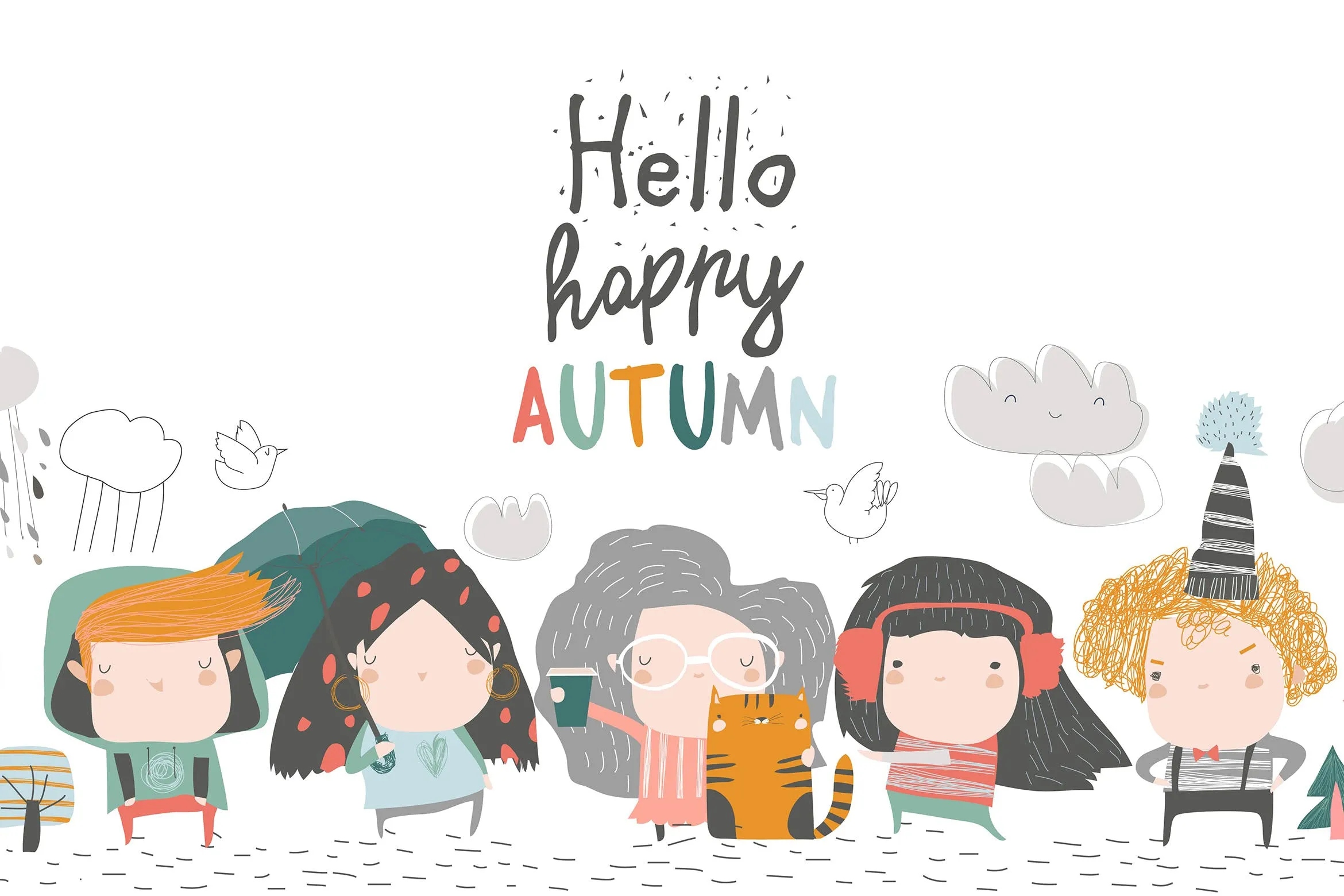 秋天可爱卡通人物形象素材库精选手绘插画矢量素材 Cute children meeting autumn wearing warm clothes.插图