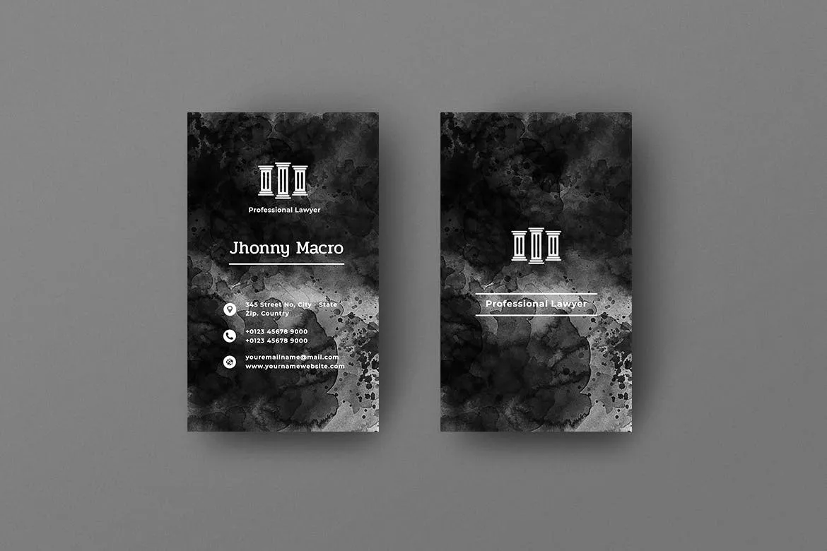 黑色墨水肌理背景竖版企业名片设计模板v11 Vertical Black Business Card. 11