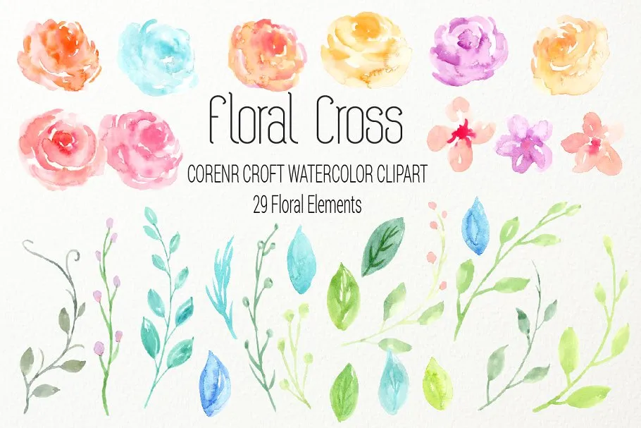 水彩艺术花卉十字架剪贴画 Watercolor clip Art Floral Cross插图(2)