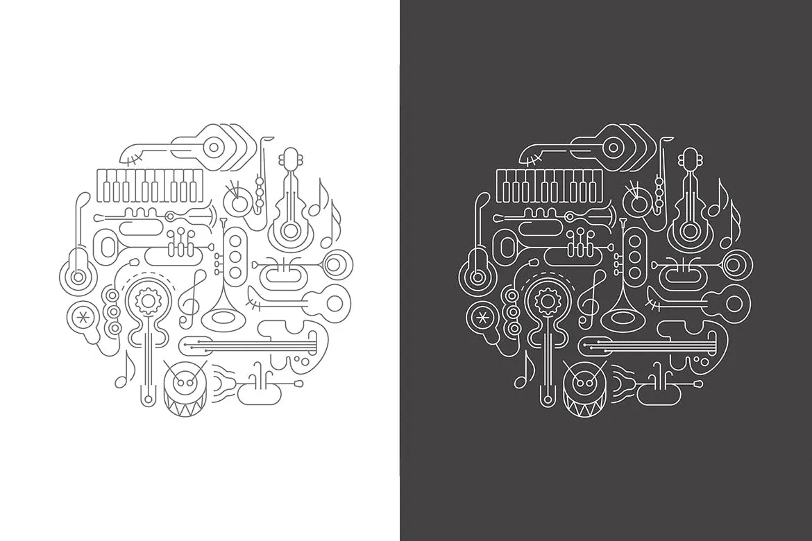 霓虹设计风格音乐乐器主题圆形矢量插画 Musical Instruments Neon round shape vector design插图(4)