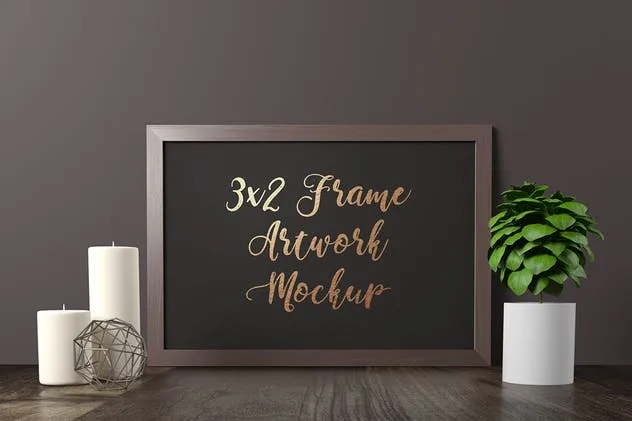 优雅黑色木纹画框样机 Frame Artwork Mockup – Dark Interior Set插图(2)