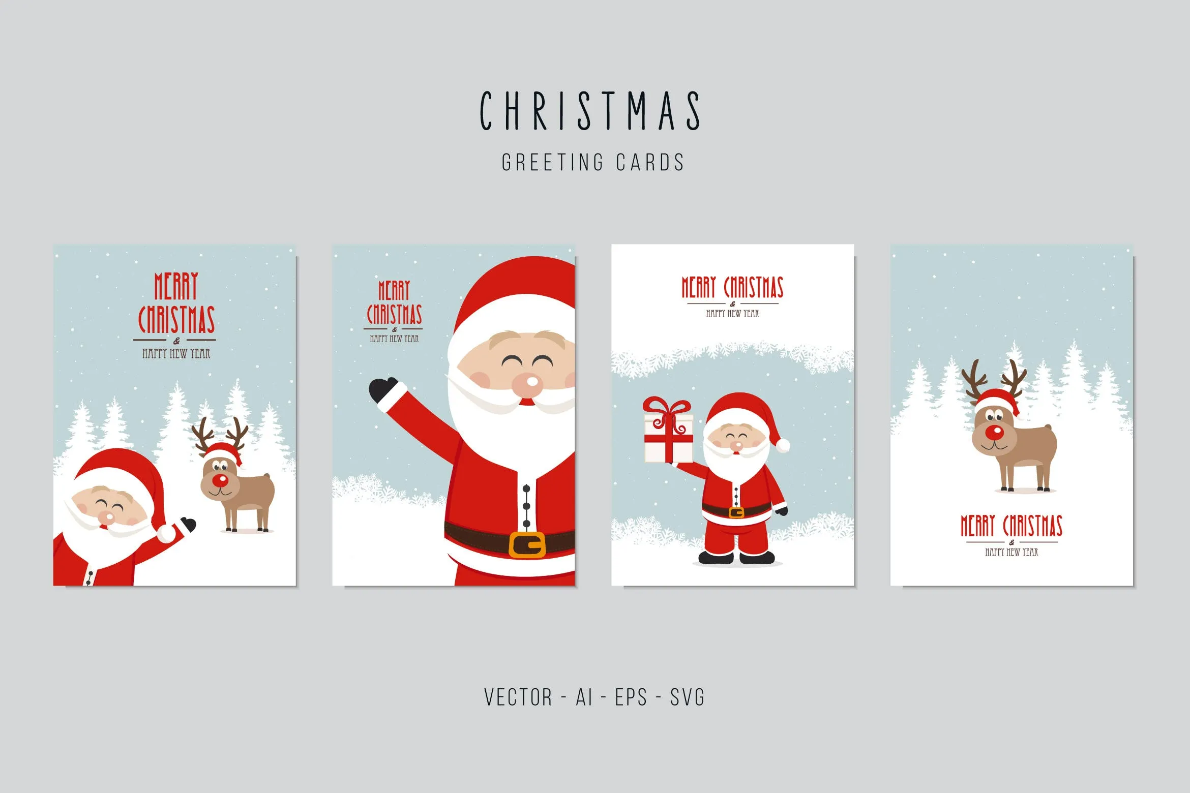 圣诞老人amp;驯鹿矢量圣诞节贺卡设计模板 Christmas Santa Claus and Reindeer Vector Card Set