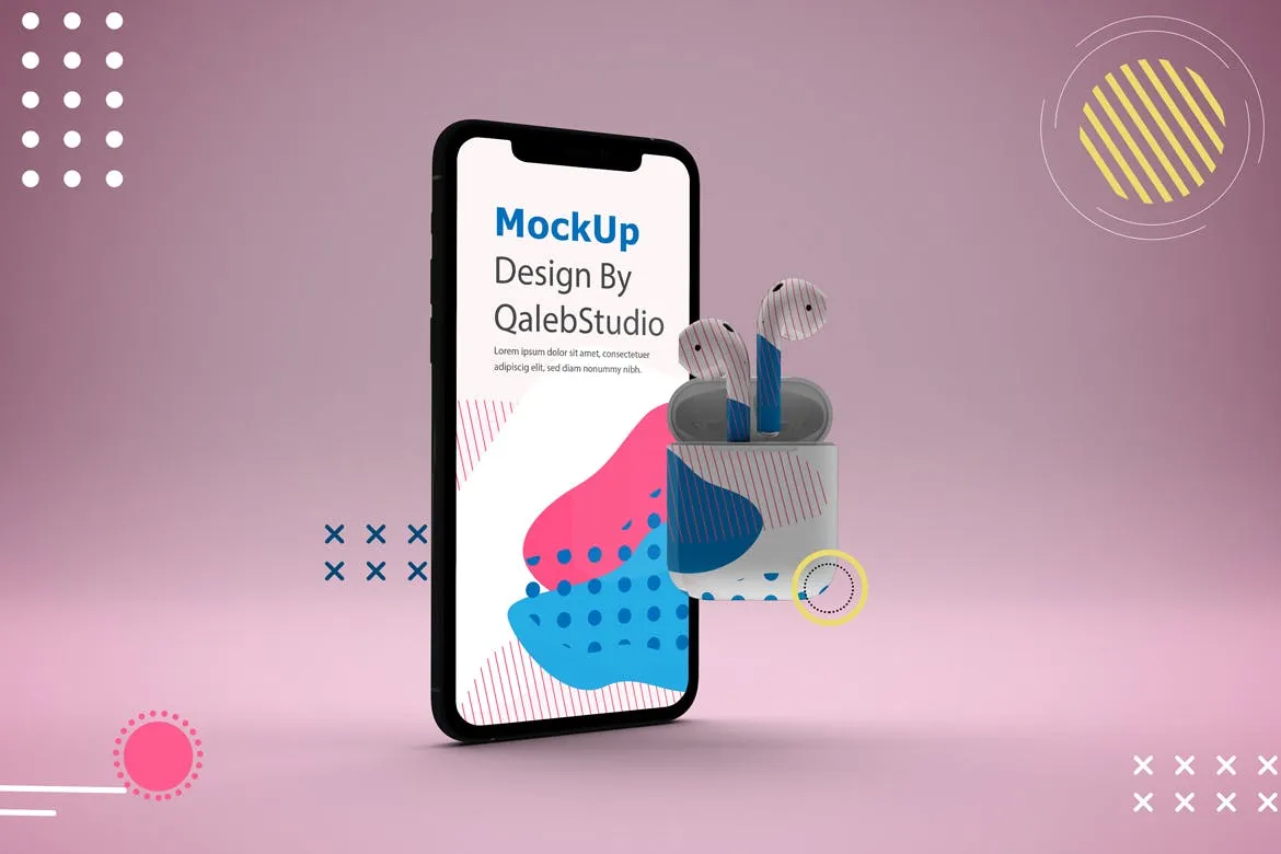 抽象设计风格iPhone 11手机&AirPods耳机素材库精选样机模板 Abstract iPhone 11 & AirPods Mockup插图(4)