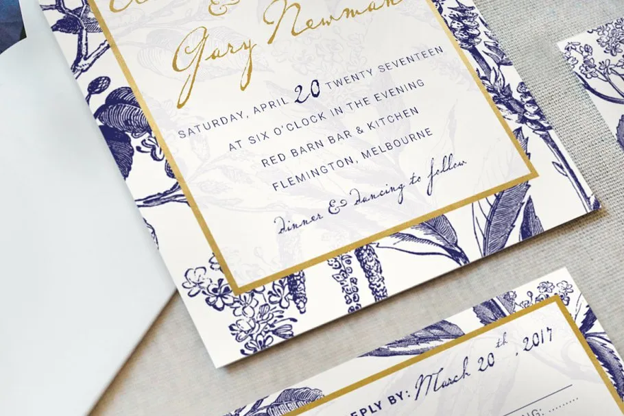 金色&海军蓝手绘图案插画婚礼邀请函设计模板 Gold & Navy Wedding Invitation Suite插图(2)