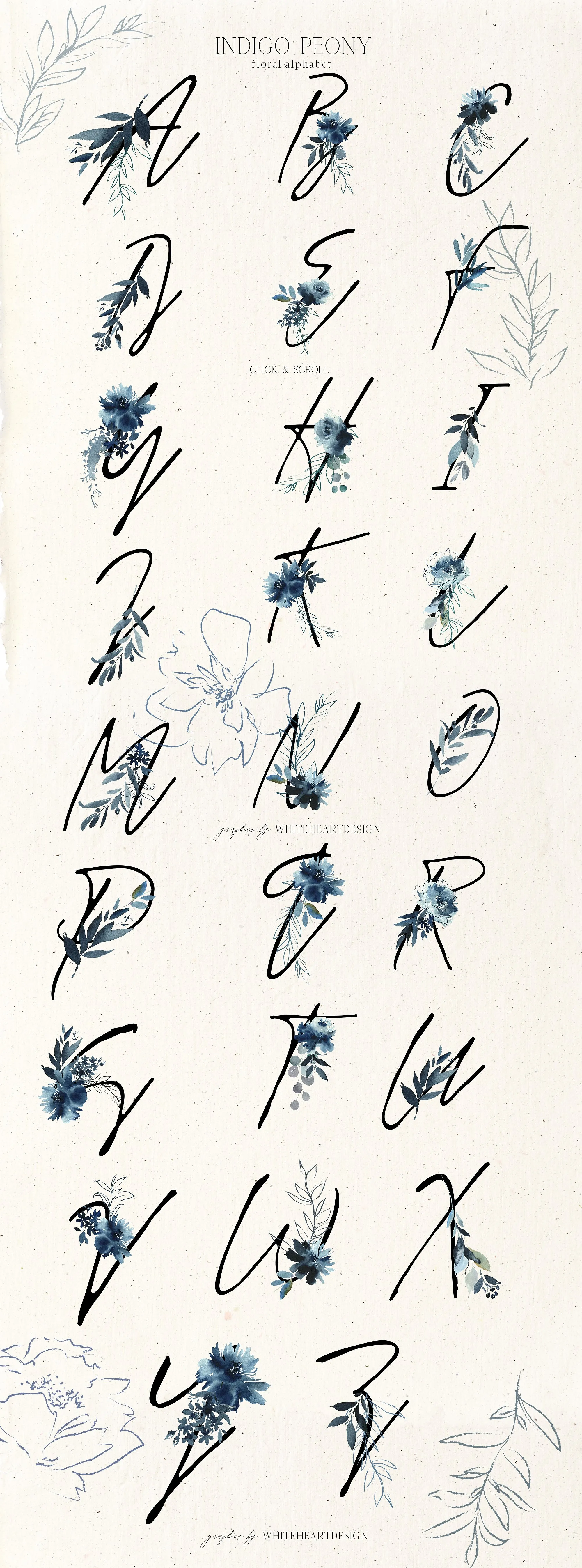 靛蓝牡丹花水彩花卉剪贴画 Indigo Peony Watercolor Floral Set插图(9)