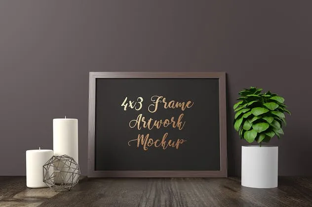优雅黑色木纹画框样机 Frame Artwork Mockup – Dark Interior Set插图(5)
