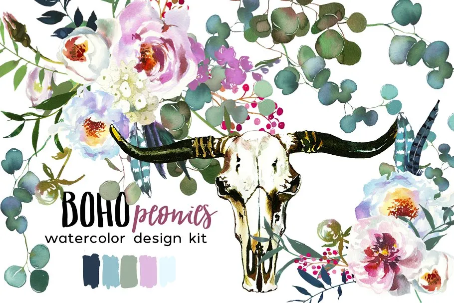 波西米亚风白色amp;粉色牡丹水彩剪贴画 Boho White Pink Peonies Watercolor