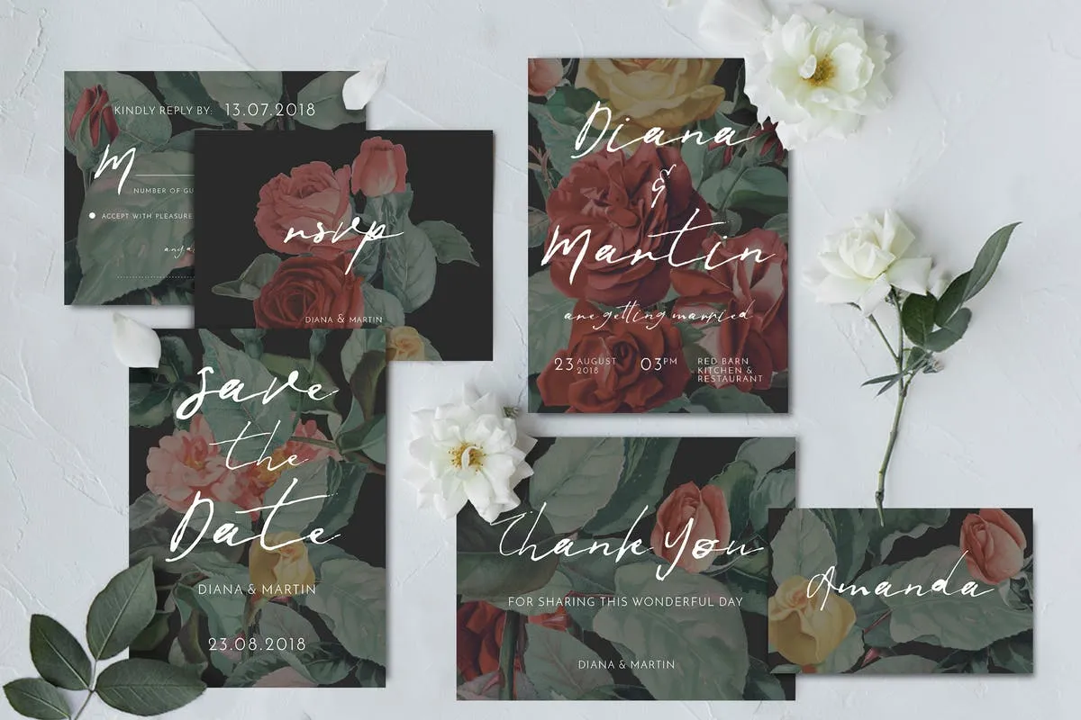 现代英式玫瑰插画婚礼邀请函设计模板套装 Modern English Garden Wedding Suite插图