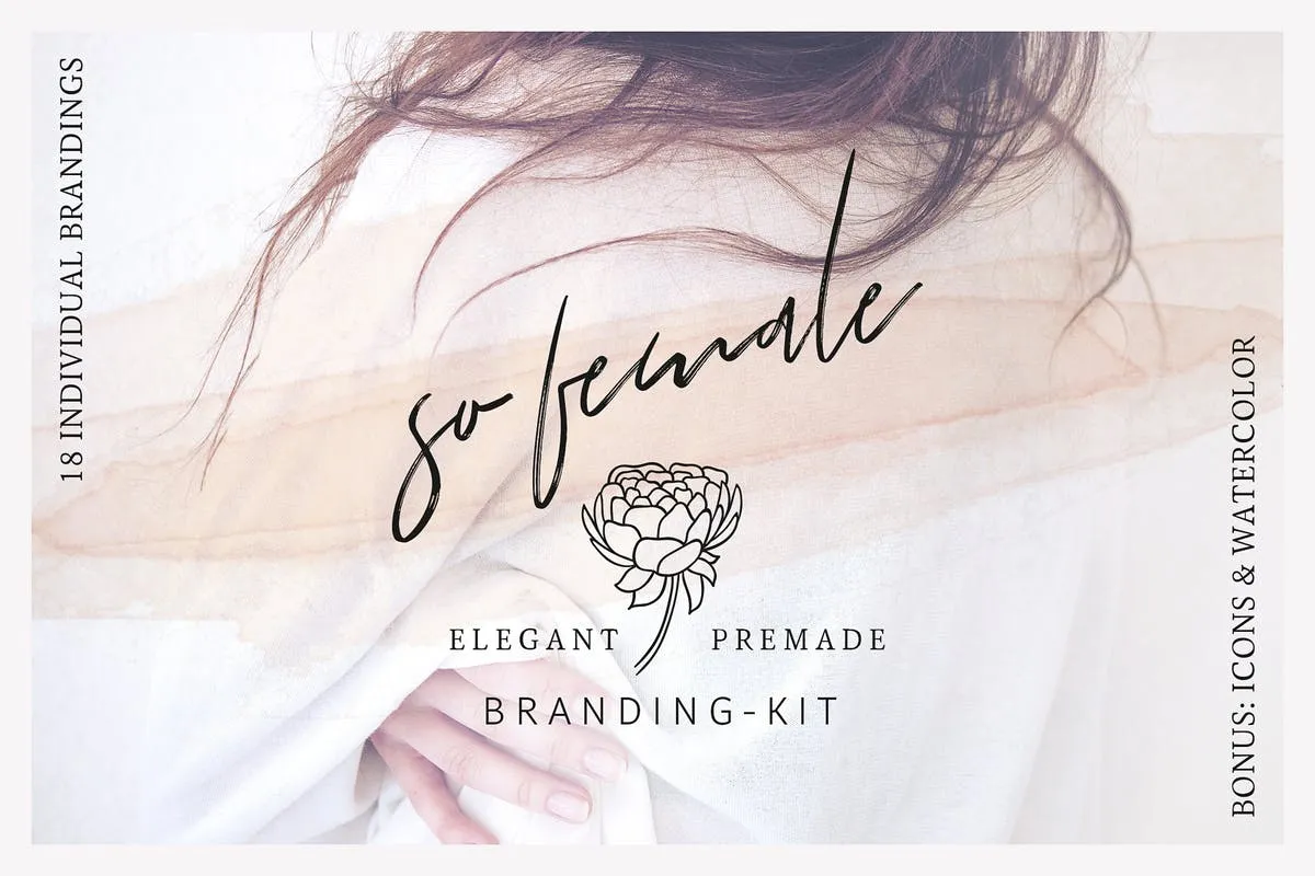 女性品牌VI视觉设计素材包[Logo模板/图标/水彩元素] So Female Branding Kit + Iconsamp; Watercolours