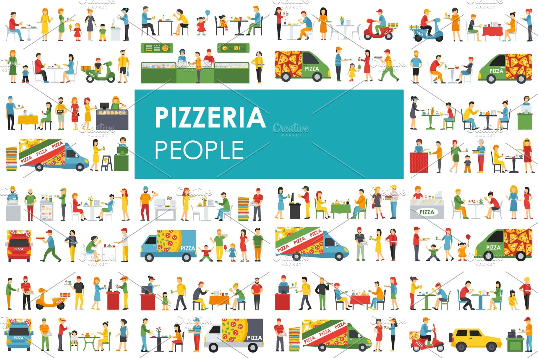各式职业人员吃披萨形象扁平化设计矢量插画 Pizzeria#8211; flat people set