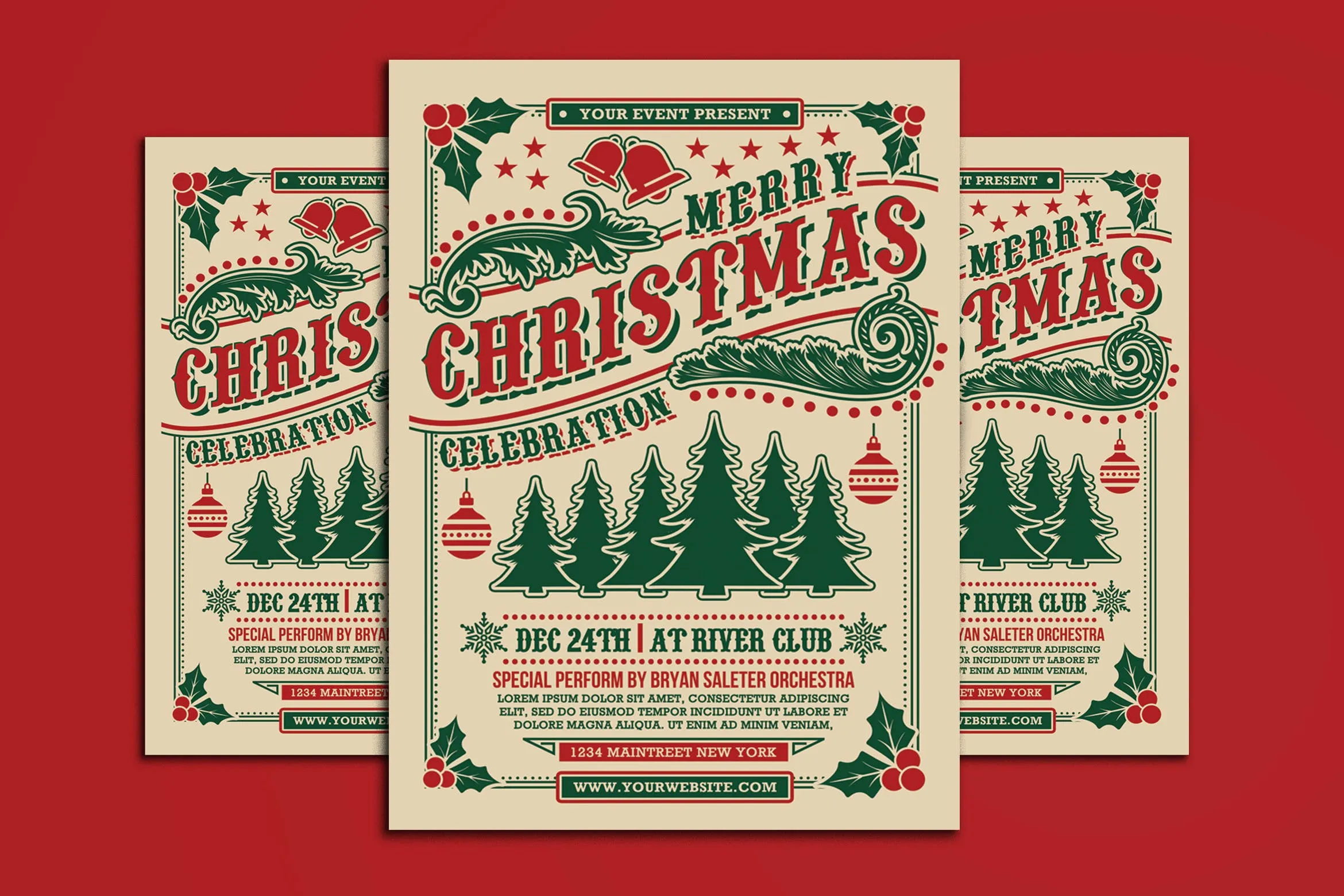 圣诞节庆祝活动复古海报传单设计模板 Christmas Celebration Flyer插图