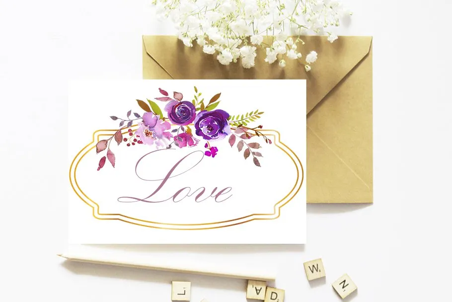 紫罗兰紫色花卉水彩剪贴画 Violet Purple Watercolor Flowers插图(8)