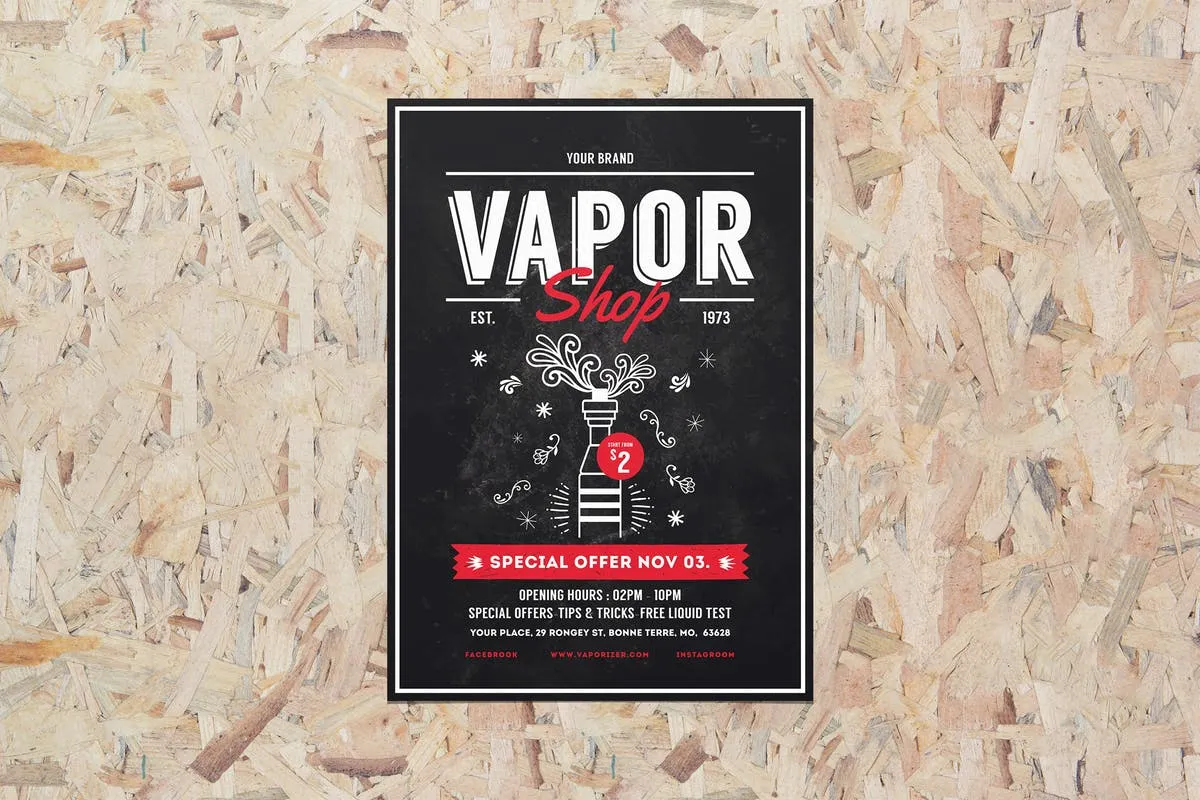 电子烟配件烟油促销活动海报模板 Vape Shop Flyer Menu