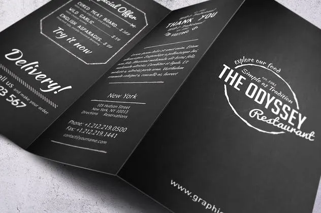 黑色复古排版餐厅菜单PSD模板 Odyssey A4 Trifold Menu插图(4)