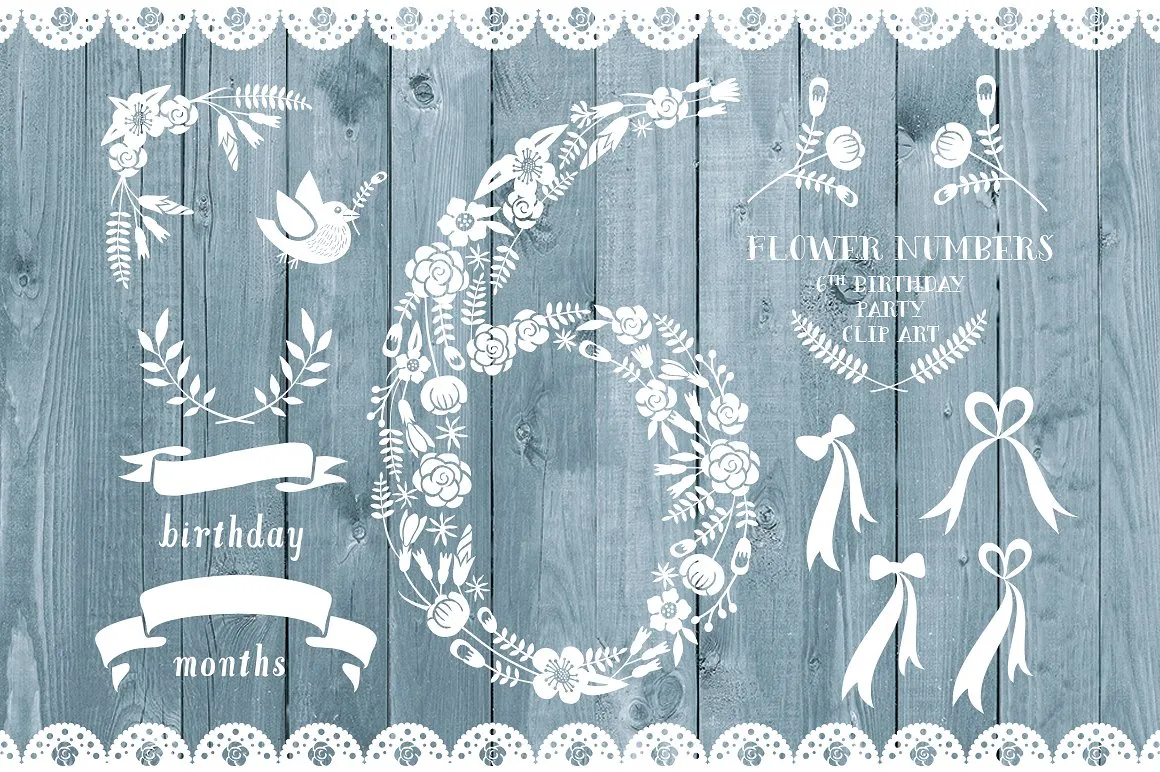 灰蓝色乡村木制背景生日派对邀请函模板 Floral number six, card invite