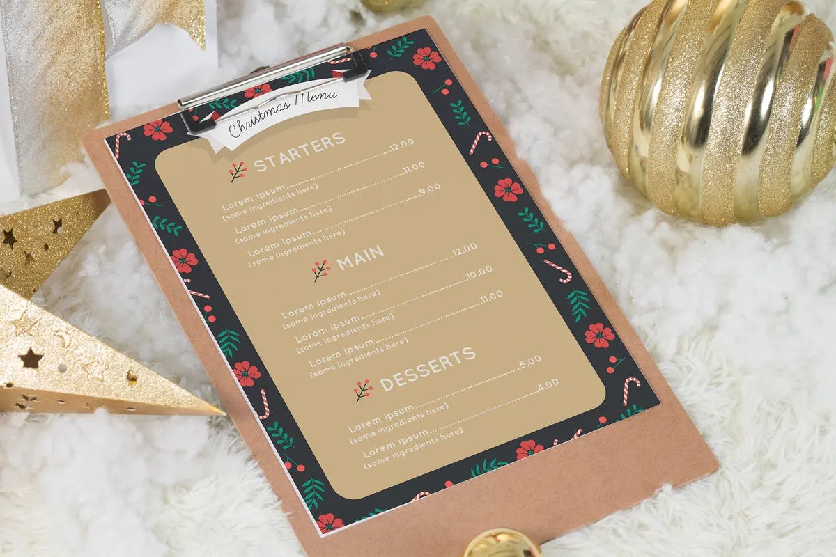 A4圣诞风格菜单设计印刷品样机模板 A4 Christmas Menu Mock Up插图