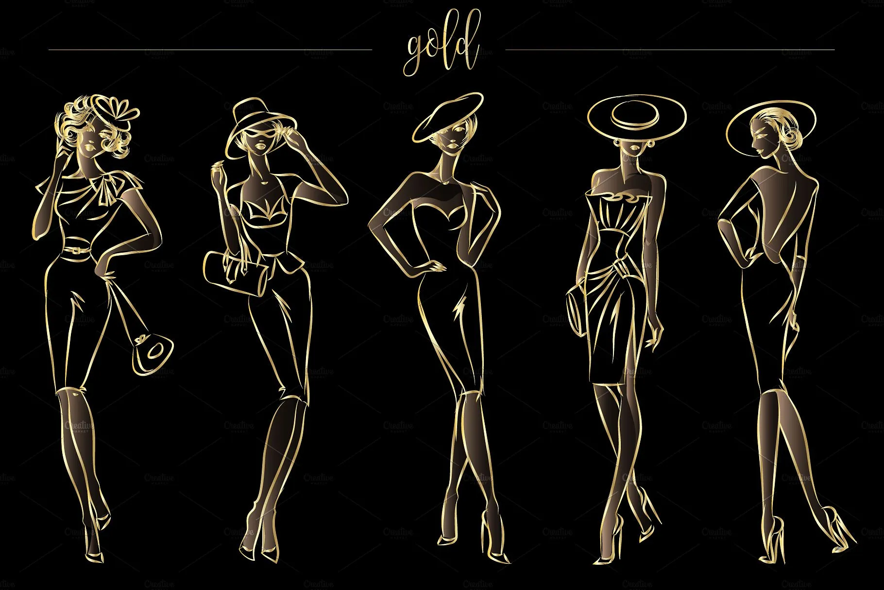 典雅时尚的时装模特手绘矢量素材合辑下载[ai,eps,png]插图(5)