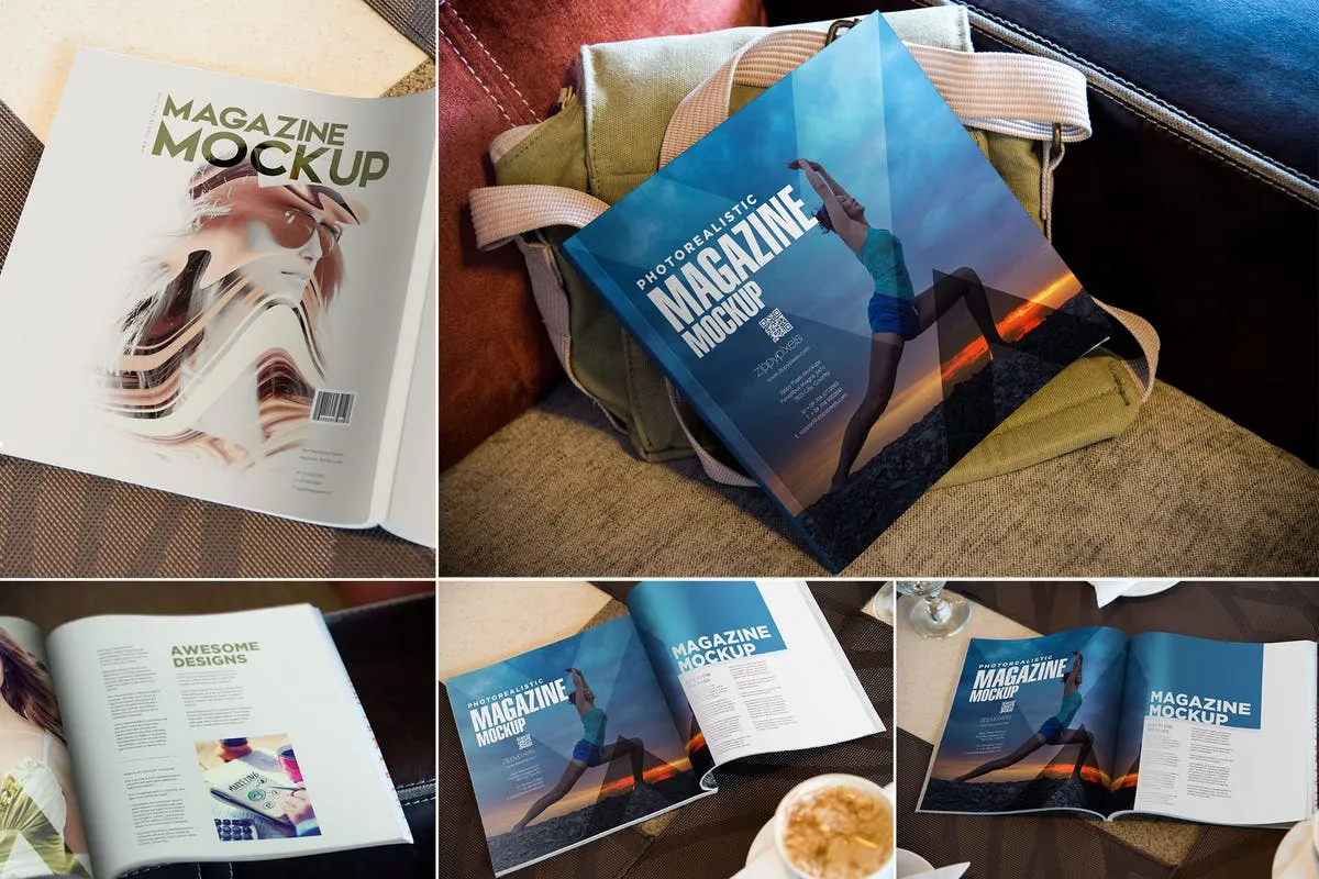 方形时尚杂志封面amp;内页设计样机模板 Square Fashion Magazine Mockup