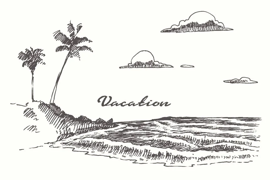 海边日落素描矢量图形 Set of sketches of seaside views