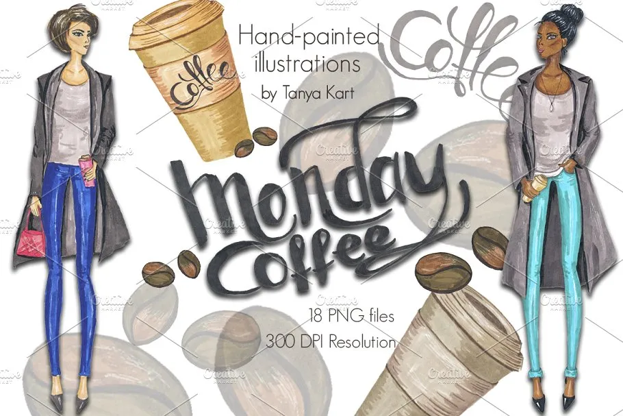 星期一咖啡元素手绘剪贴画 Monday Coffee Hand-painted Clipart插图