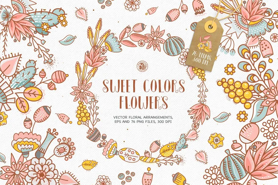 甜蜜色彩手绘花卉插画 Sweet Colors Flowers