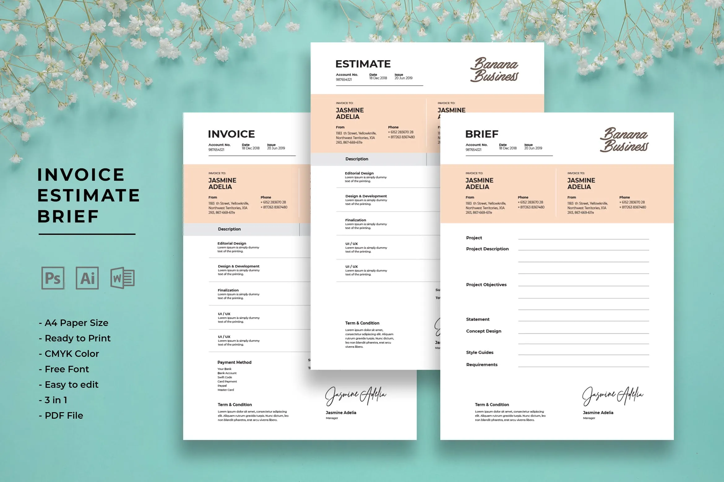 企业商用账单/发票/单据/费用清单设计模板 Invoice Estimate Brief