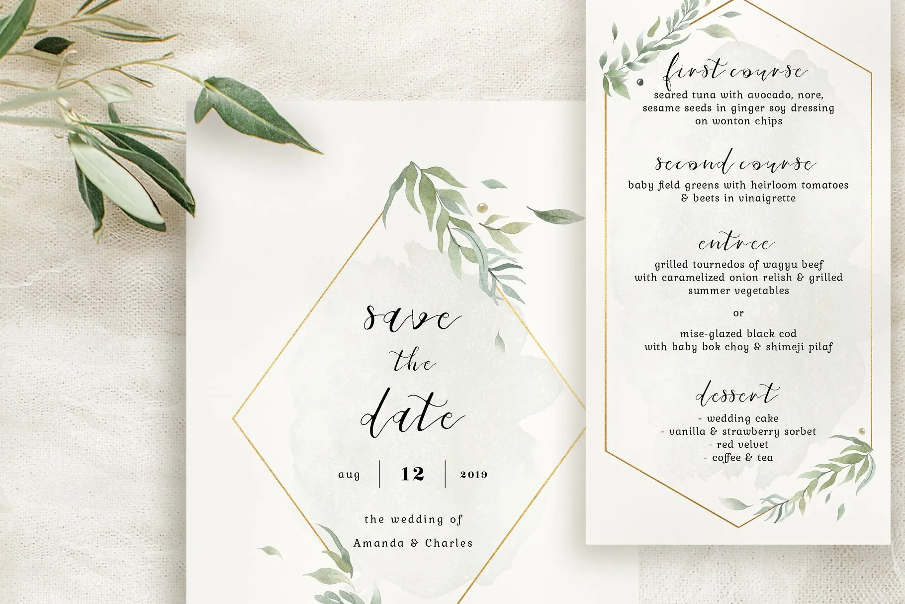 黄金几何线条水彩风婚礼邀请函设计套件 Modern Gold Foliage Wedding Suite插图(1)