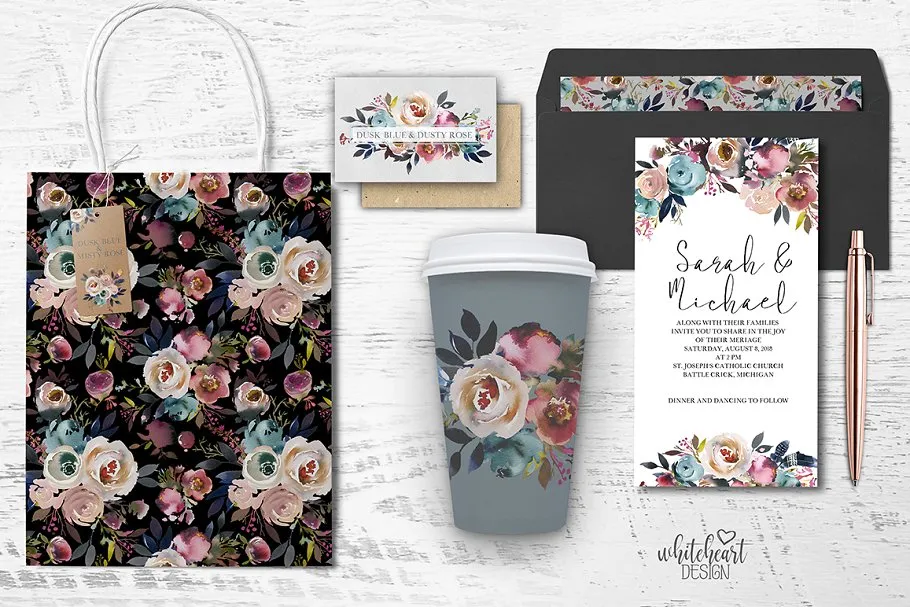 暗蓝色&薄雾玫瑰波希米亚式水彩花卉 Dusk Blue & Misty Rose Boho Flowers插图(7)