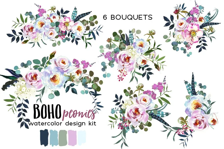 波西米亚风白色&粉色牡丹水彩剪贴画 Boho White Pink Peonies Watercolor插图(1)