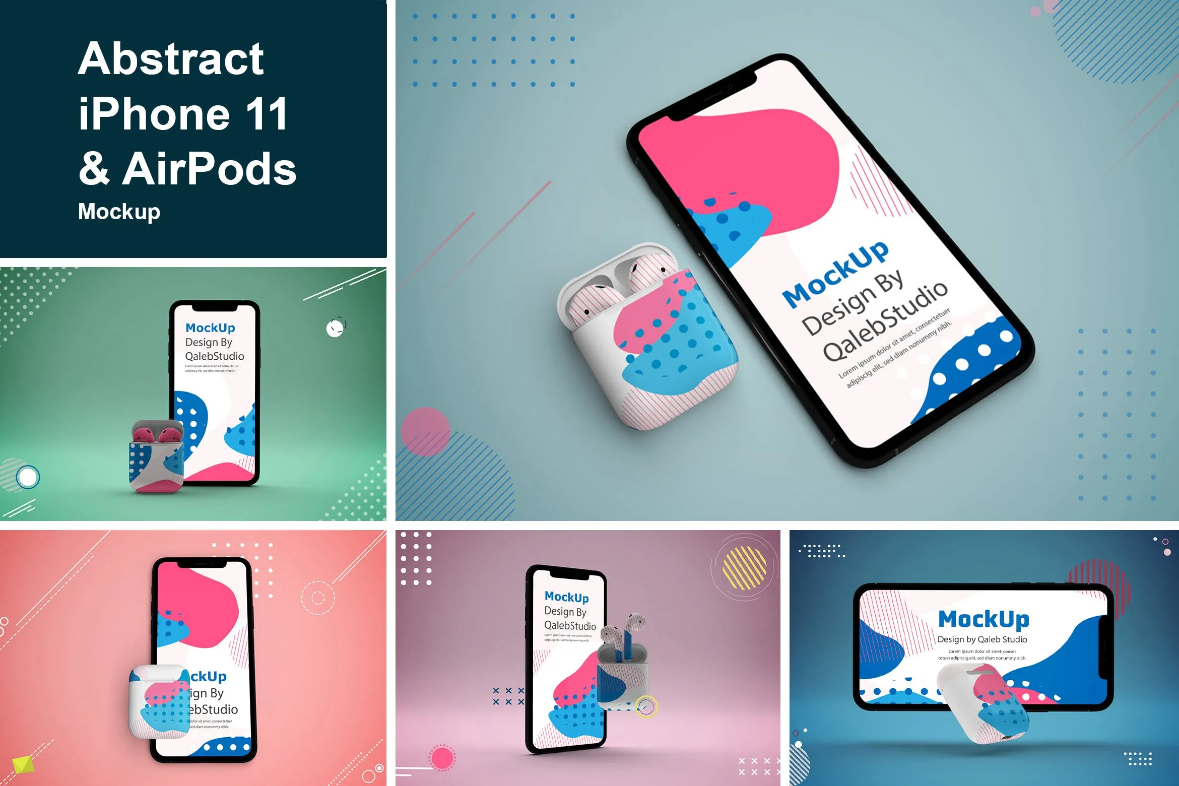 抽象设计风格iPhone 11手机amp;AirPods耳机像素设计精选样机模板 Abstract iPhone 11amp; AirPods Mockup