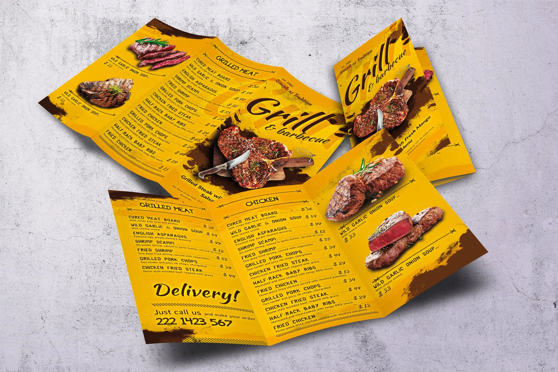 A4amp;美国信纸规格三折页BBQ烧烤店像素设计精选菜单模板 Barbecue Trifold A4amp; US Letter Food Menu