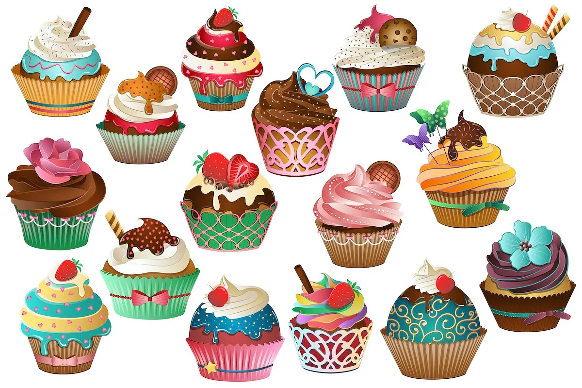 漂亮的手绘纸杯蛋糕插画 Cupcake Clipart Vector, PNGamp; JPG