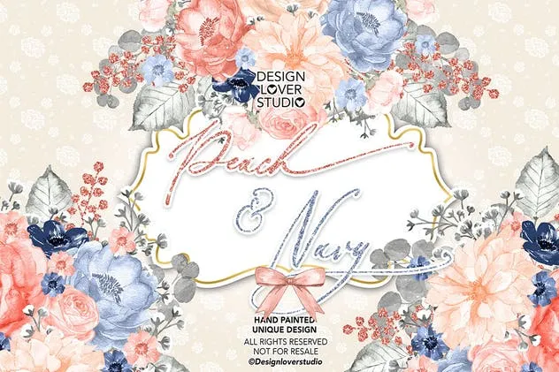 桃红色&海军蓝水彩剪贴画设计素材 Watercolor Peach and Navy design插图(2)