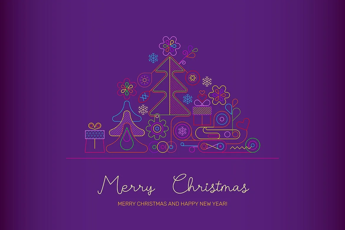 霓虹灯线条设计风格圣诞节主题矢量插画 Merry Christmas neon design vector print template插图