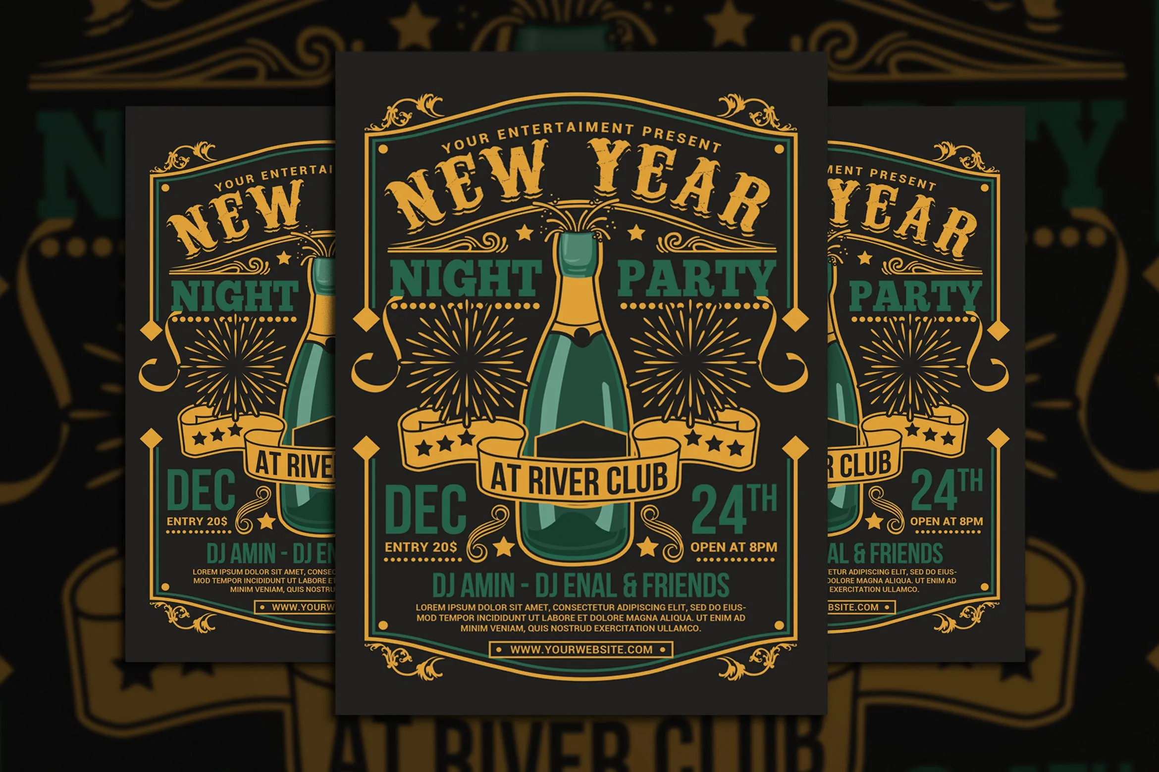 复古设计风格酒吧新年庆祝派对活动海报设计模板 New Year Champagne Party