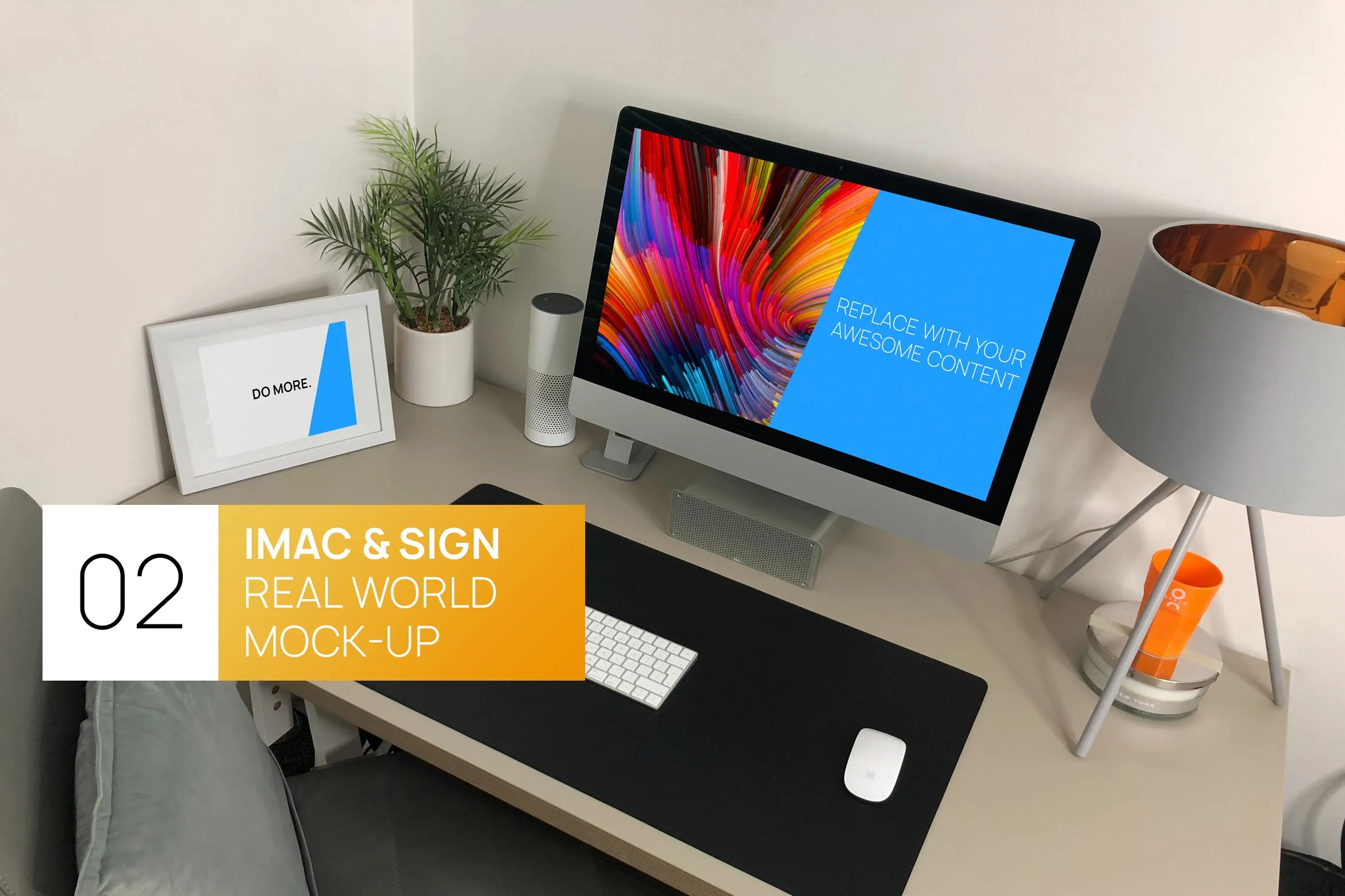 宜家家居风格办公桌场景27寸iMac电脑像素设计精选样机 iMac 27 with Sign Real World Photo Mock-up