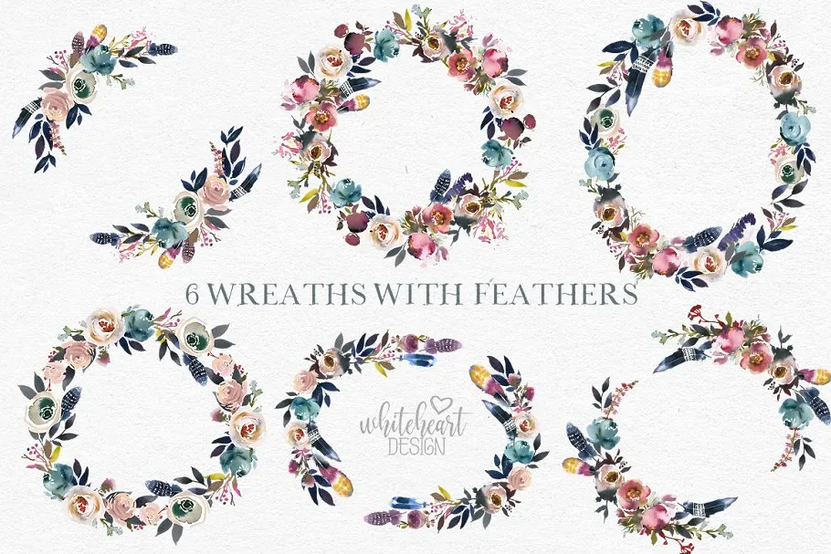 暗蓝色&薄雾玫瑰波希米亚式水彩花卉 Dusk Blue & Misty Rose Boho Flowers插图(4)