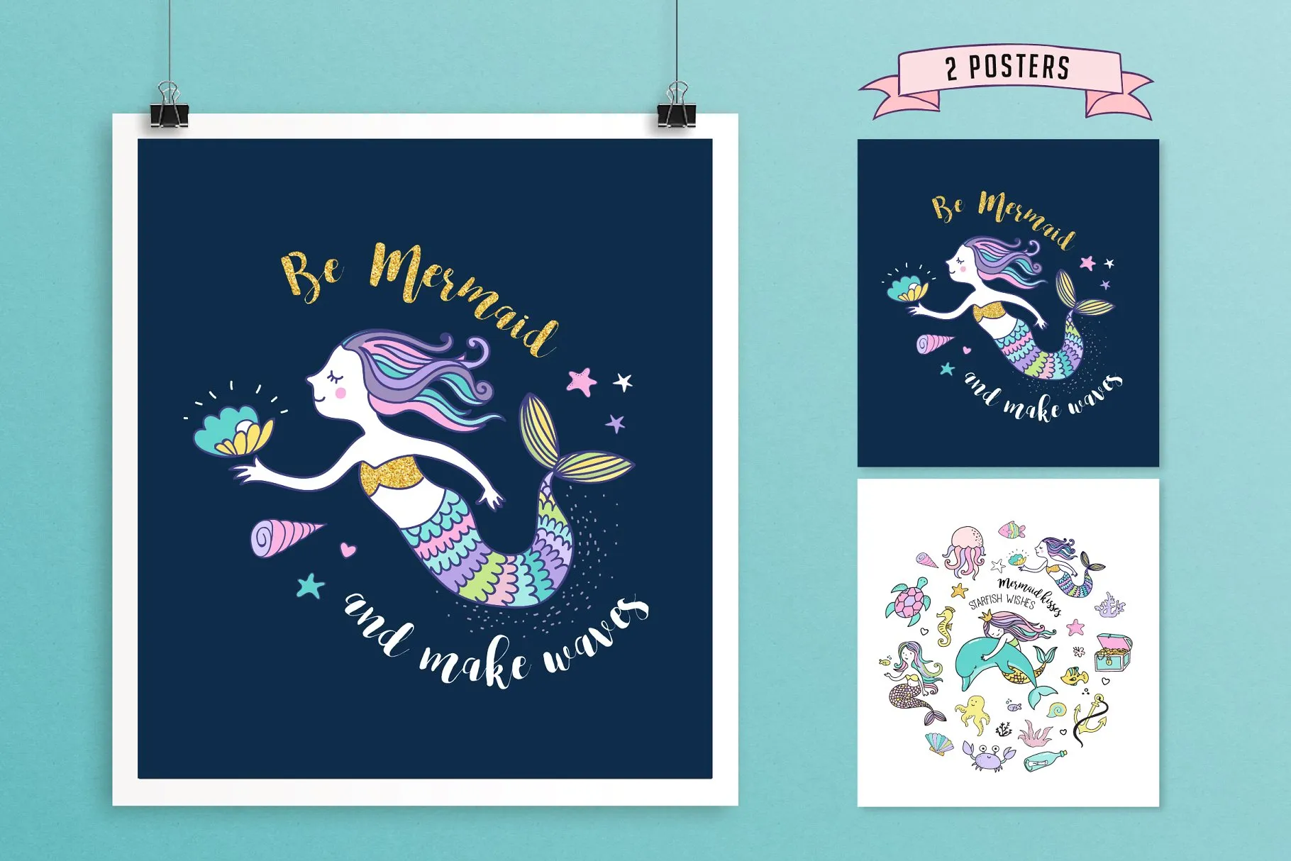 小美人鱼与海洋生物元素及贺卡模板 Little Mermaid – under the sea set插图(2)