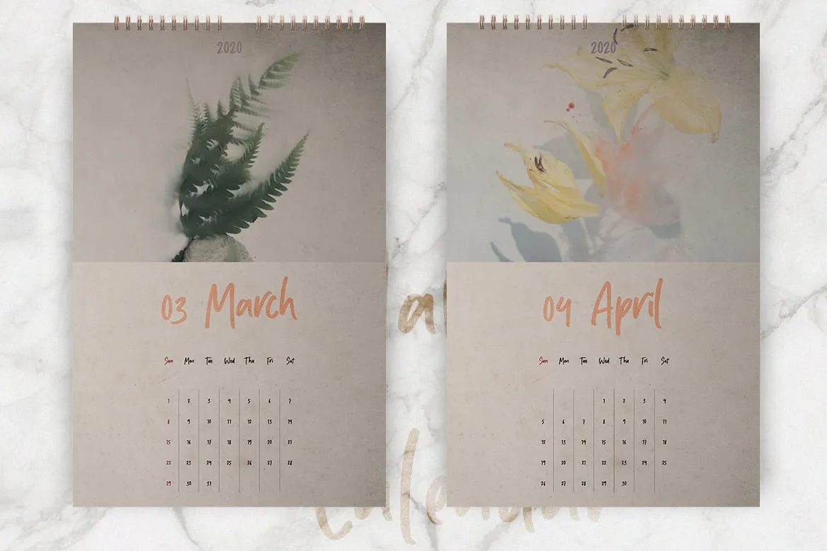 2020年植物花卉图案挂墙日历设计模板 Wall Calendar 2020 Layout插图(2)