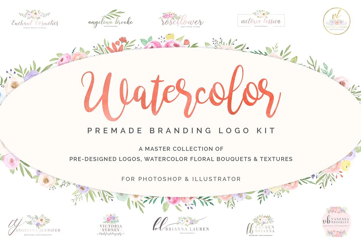 超级水彩风 Logo 设计素材包 Watercolor Premade Branding Logo Kit [模板、纹理amp;元素]
