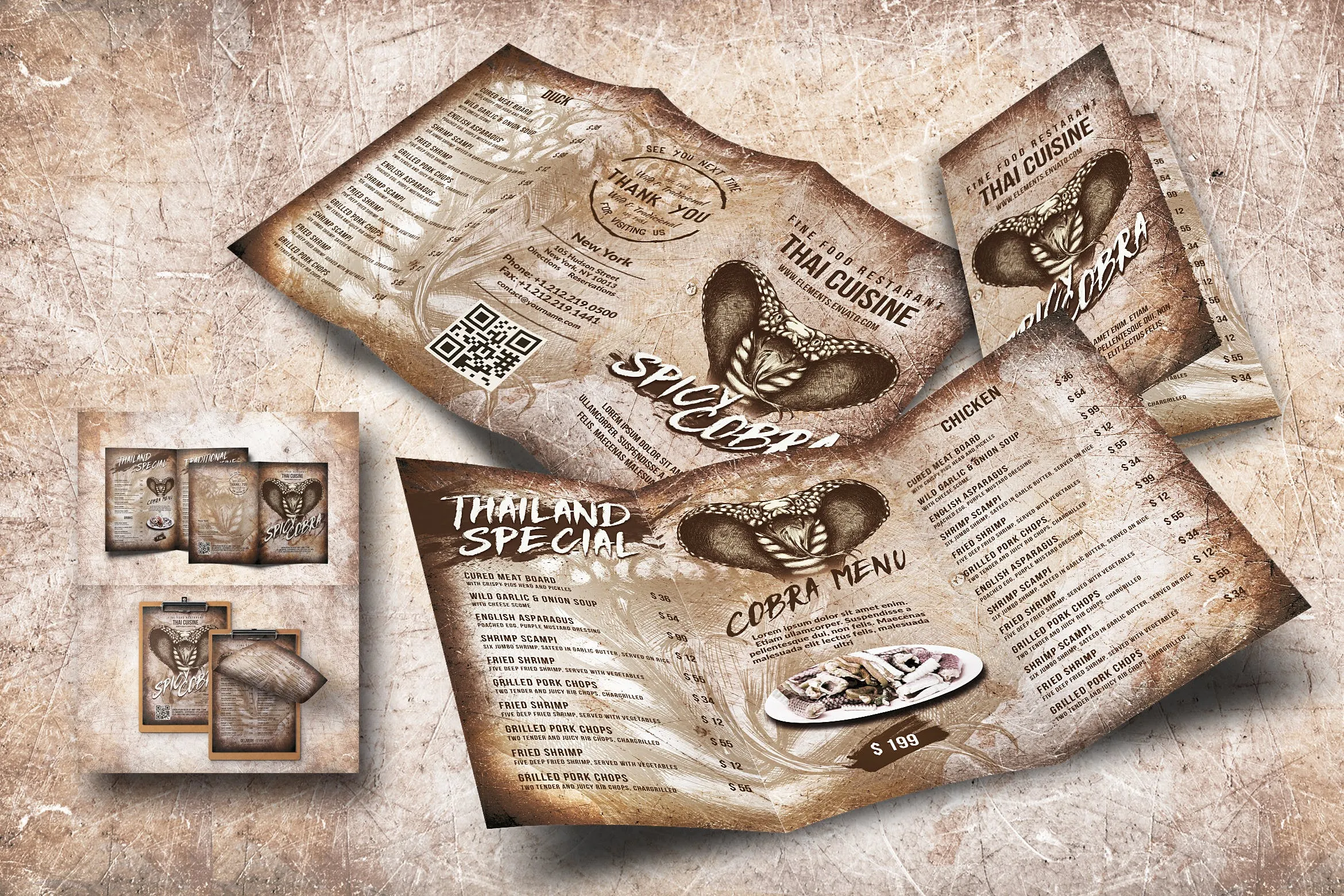 泰国特色菜餐馆菜单设计模板合集 Spicy Cobra Thai Food Menu Bundle