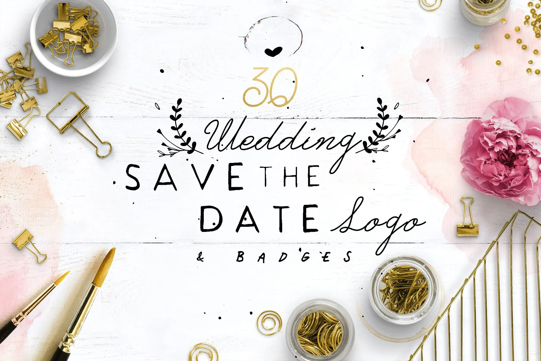 30款预留时间花环徽章Logo模板 30 Save the Date Wreath Logo插图