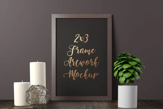 优雅黑色木纹画框样机 Frame Artwork Mockup – Dark Interior Set插图(1)