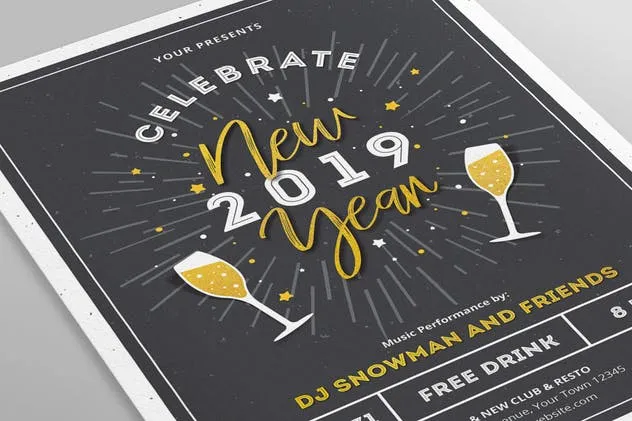 香槟图形新年祝酒会年会2019新年海报设计模板 New Year 2019 Flyers插图(2)