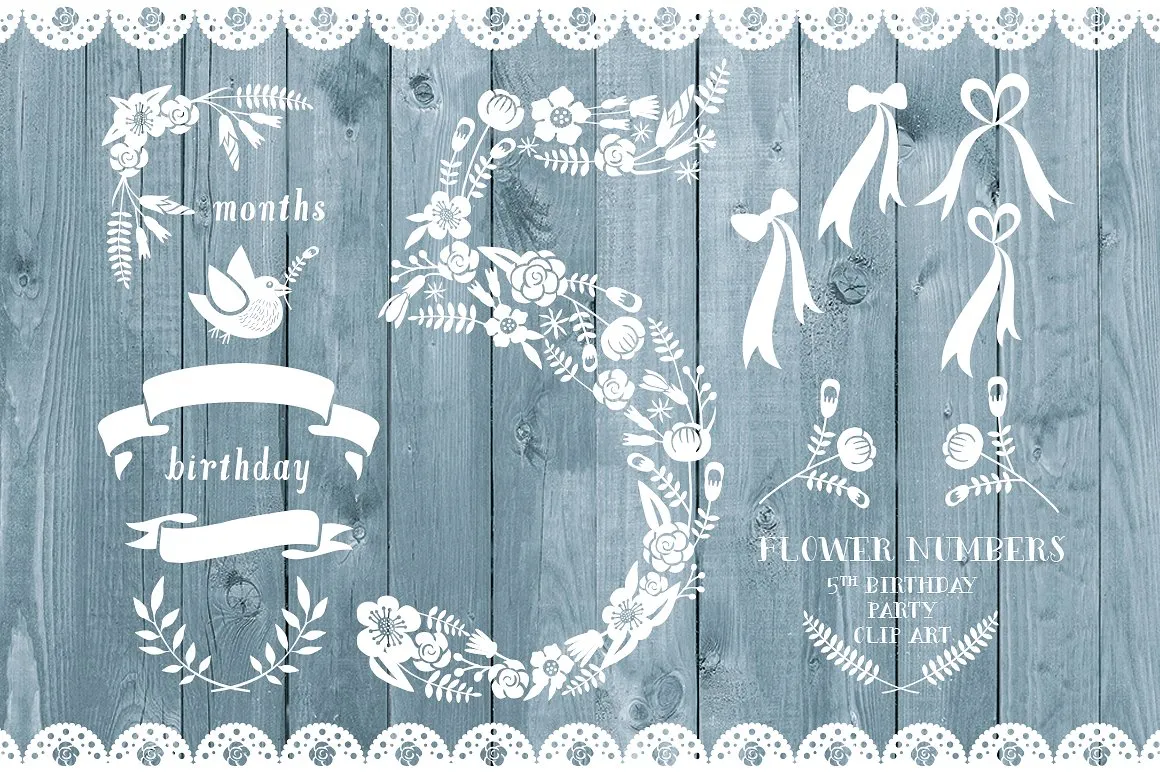 节日派对邀请卡鲜花装饰素材 Floral number five, card invite