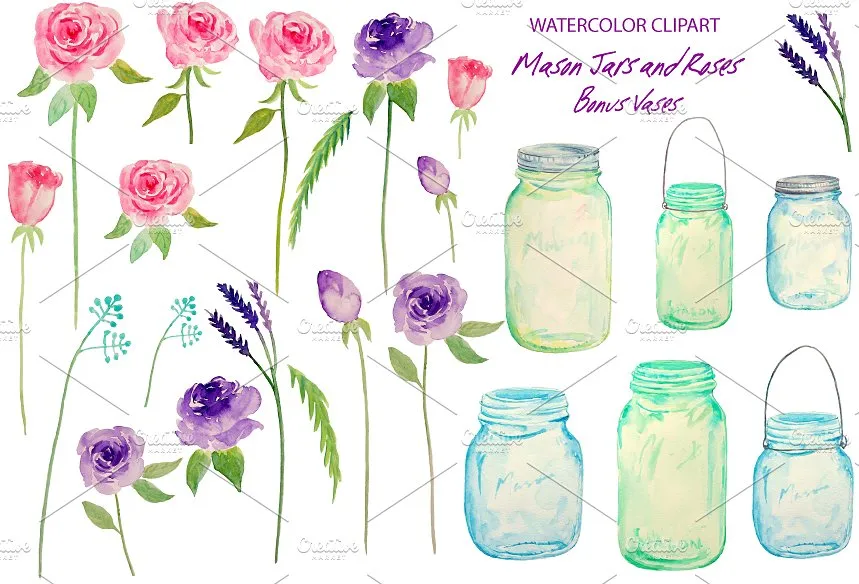 粉紫色玫瑰剪贴画DIY请柬贺卡素材 Watercolor Wedding Mason Jars Roses插图